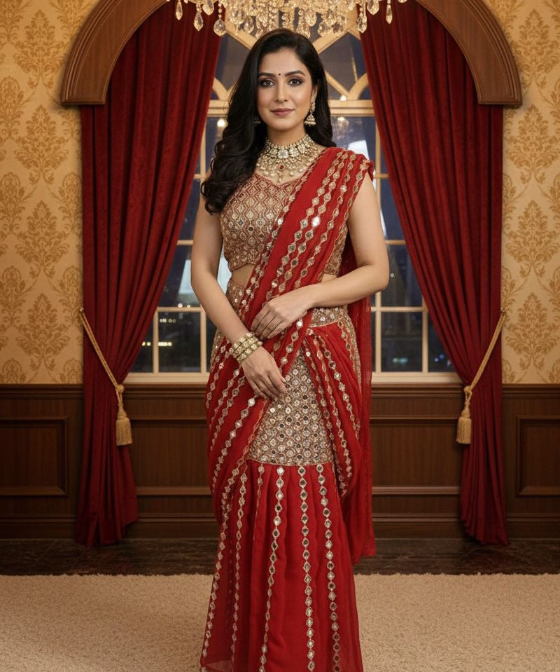 Mirror Work Ready To Wear Saree