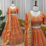 Orange Embroidered Georgette Lehenga