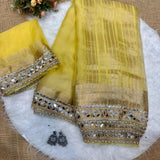 Designer Yellow Mirror Work Saree
