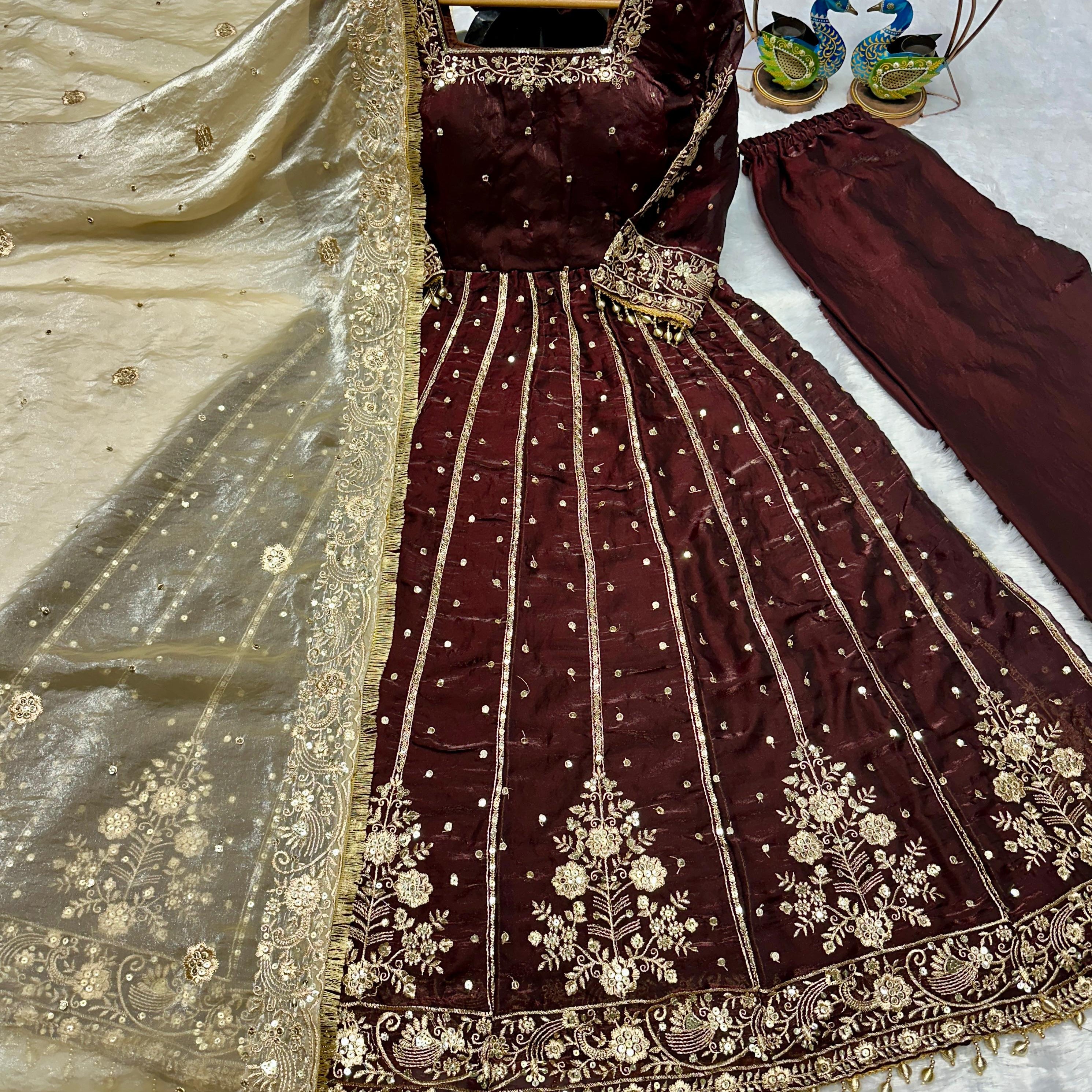 Shiny Embroidered Fandy Silk Suit