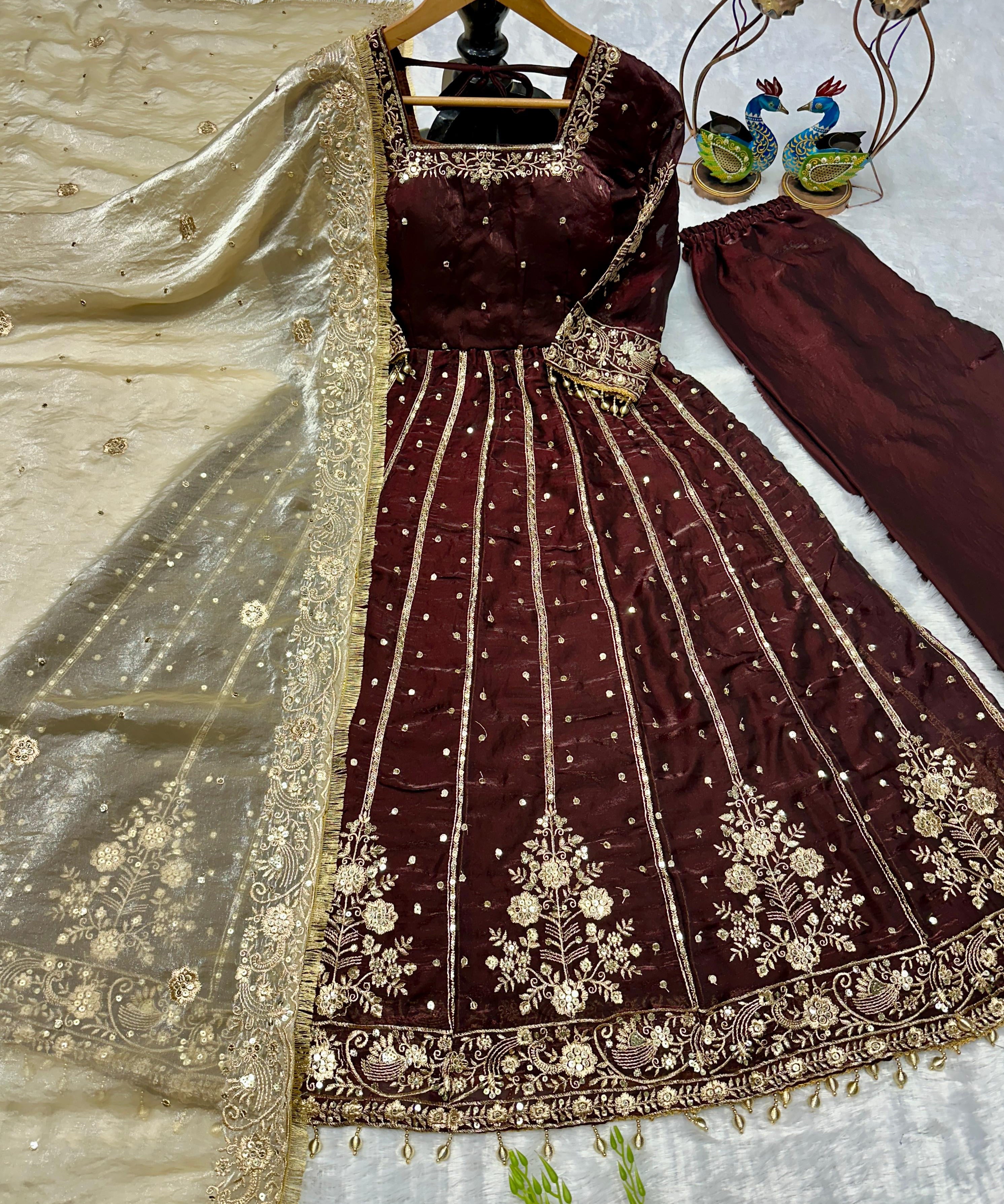 Shiny Embroidered Fandy Silk Suit