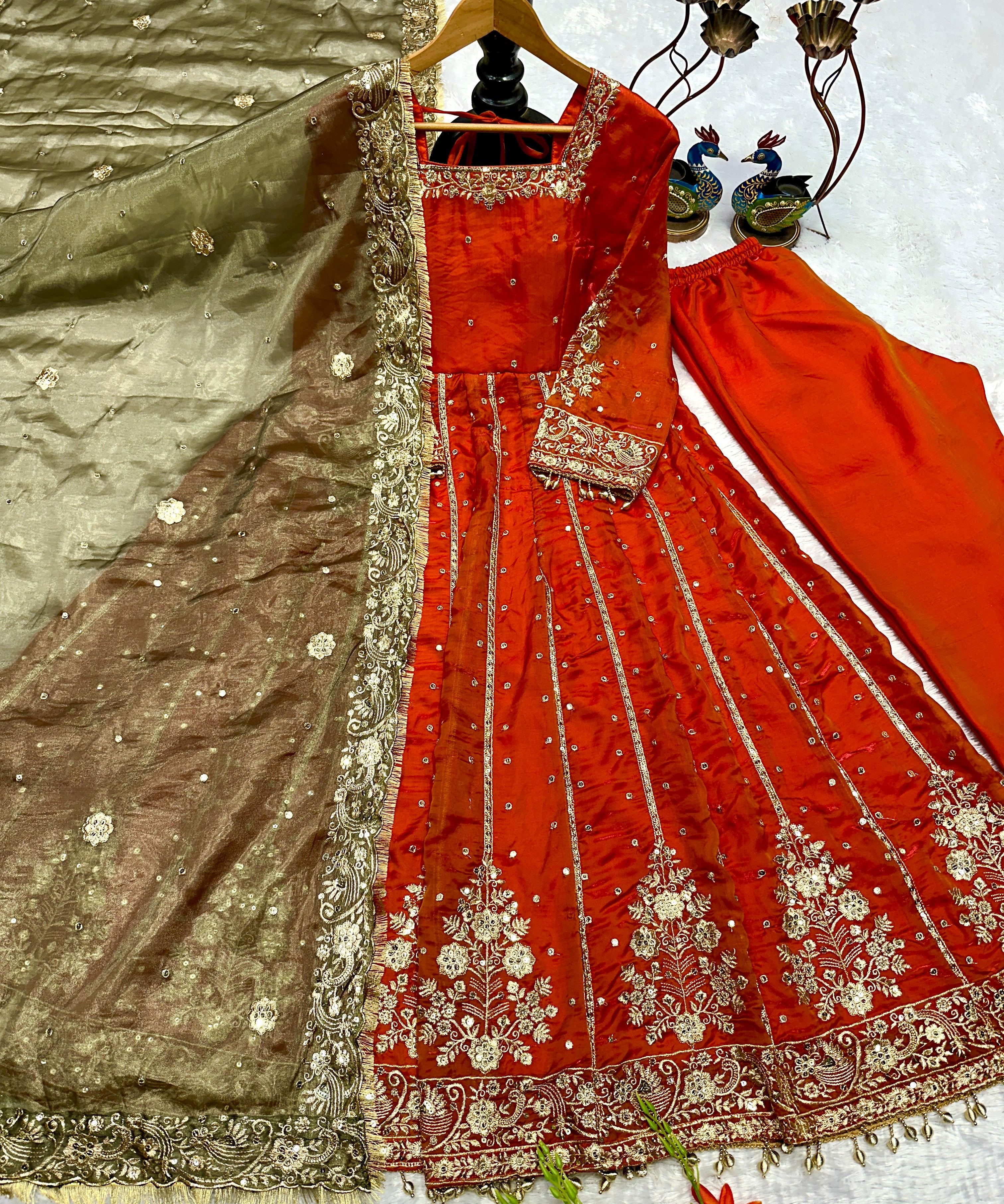 Shiny Embroidered Fandy Silk Suit