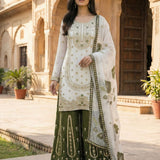 Designer Whiet Olive Embroidered Suit