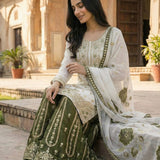 Designer Whiet Olive Embroidered Suit