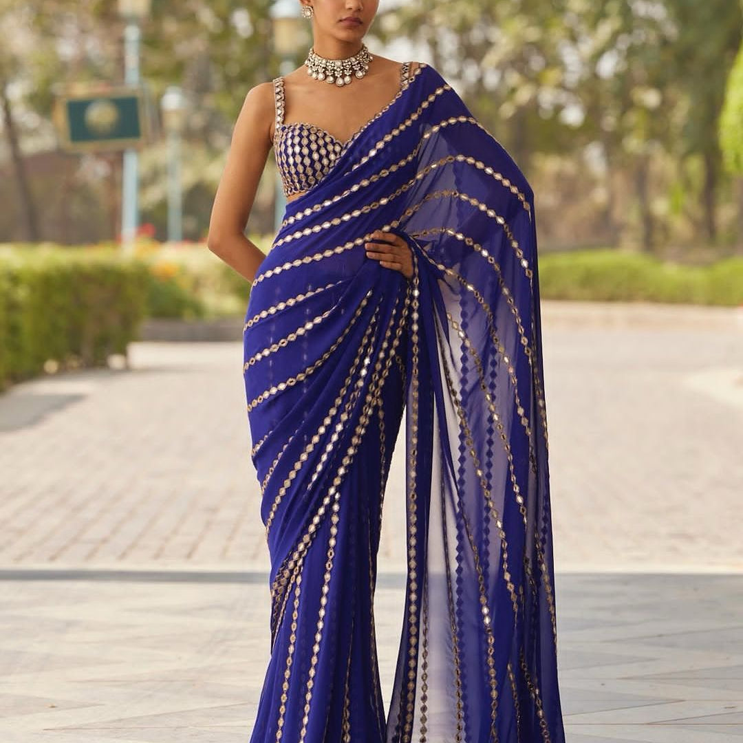 Trending Striped Mirror Work Saree