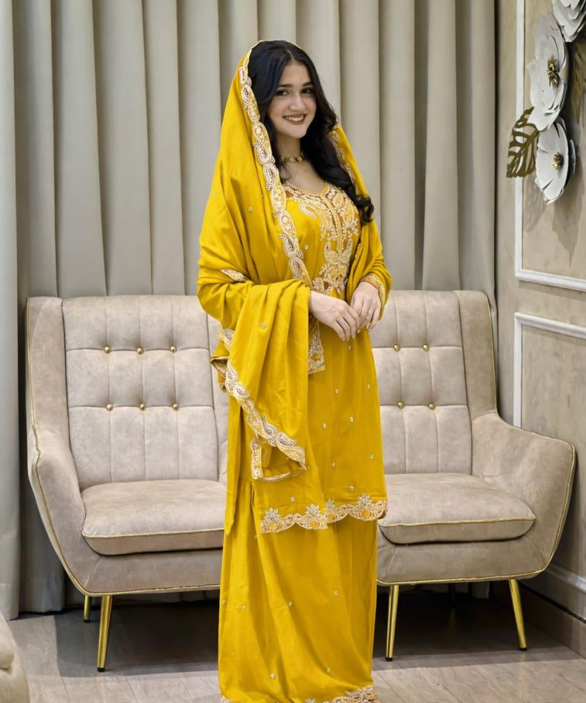 Festive Chinon Silk Embroidered Suit