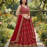 Red Designer Georgette Embroidered Lehenga