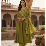 Olive Vichitra Silk Flared Suit
