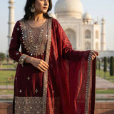 Maroon Gmy Silk Embroidered Suit