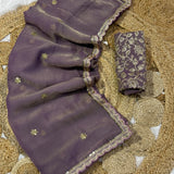 Elegant Embroidery Moss Silk Saree