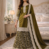 Olive Shiny Fandy Silk Top Plazzo