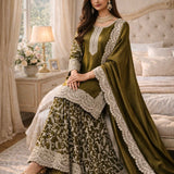 Olive Shiny Fandy Silk Top Plazzo