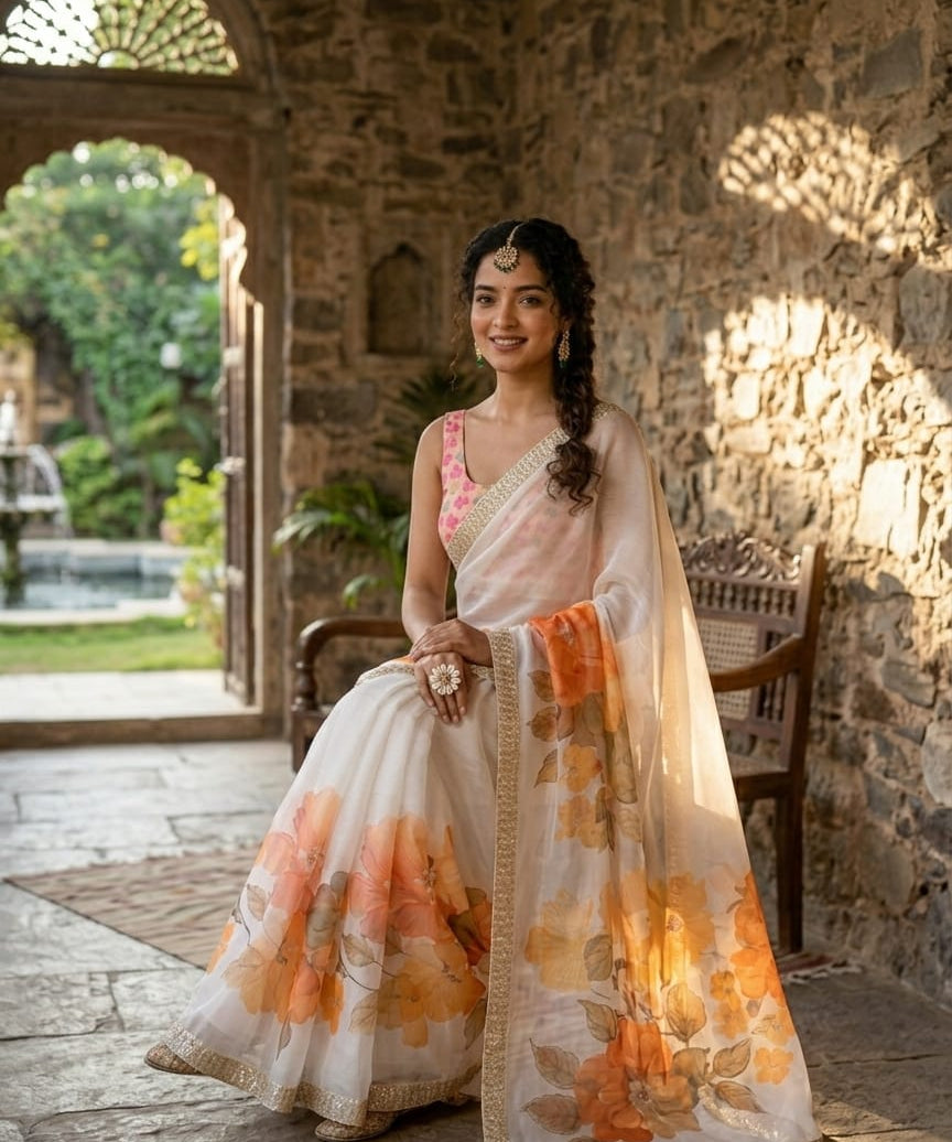 Preseting Beautiful Floral Print Saree
