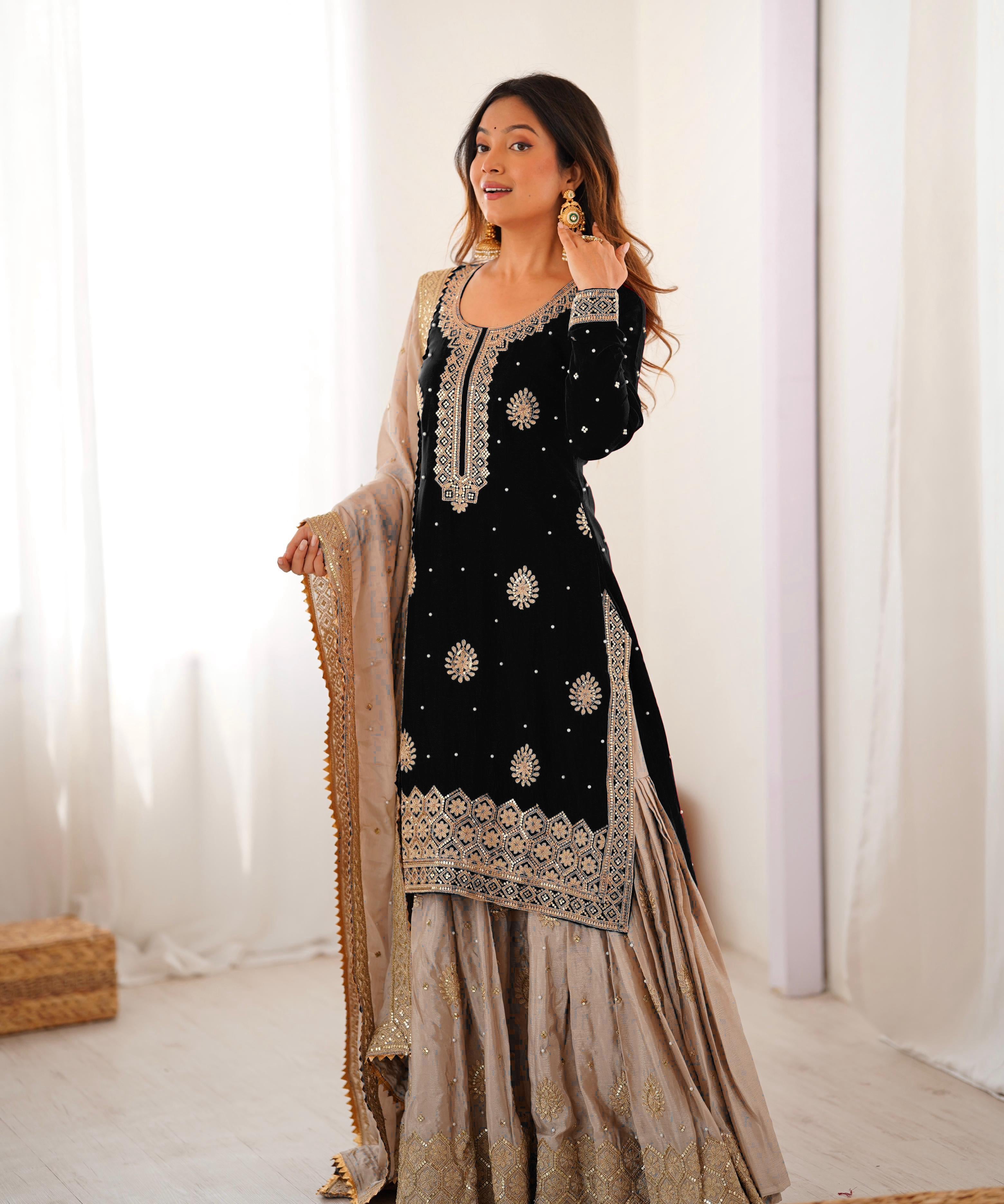 Classic Coding Work Silk Top Sharara