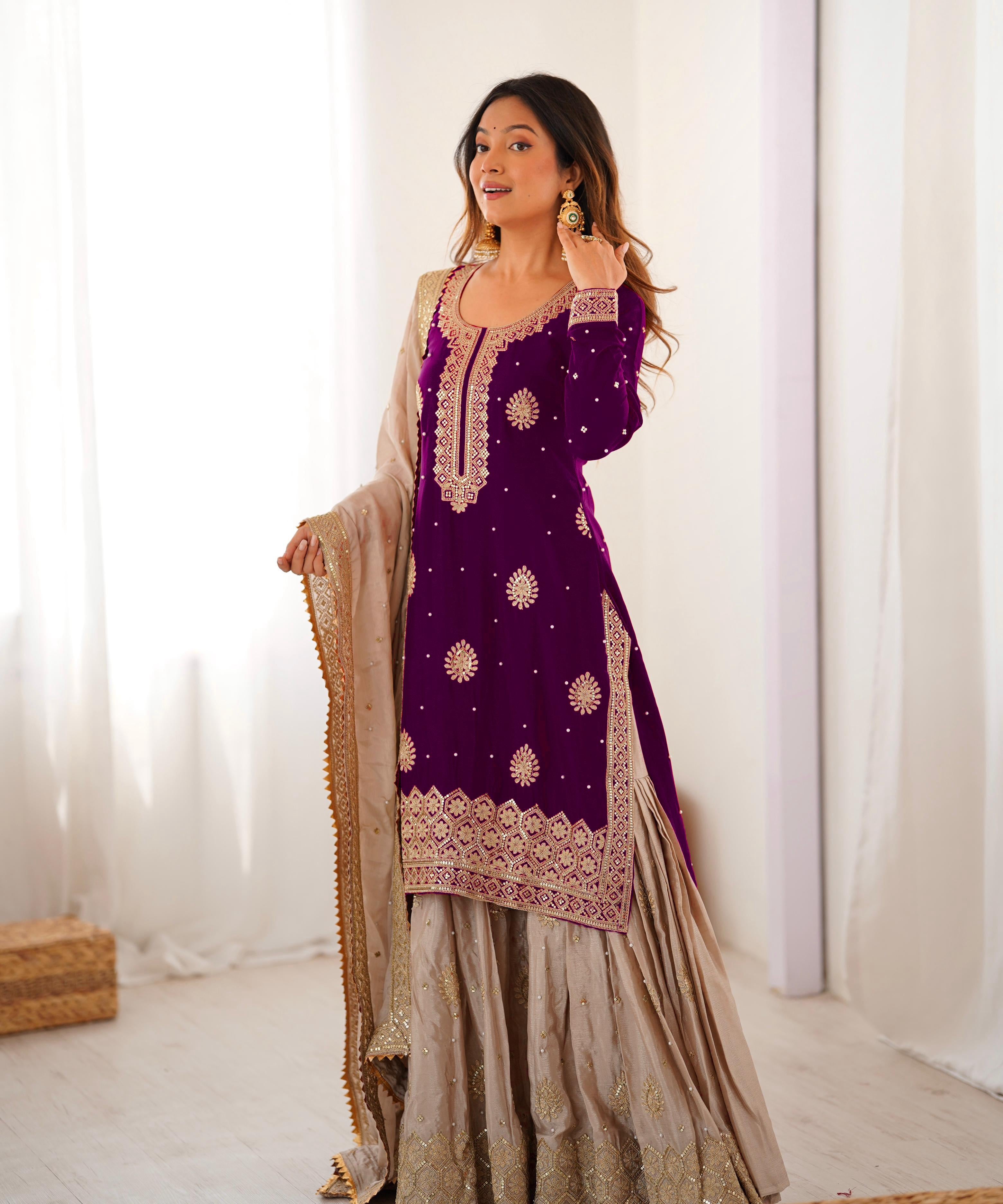 Classic Coding Work Silk Top Sharara