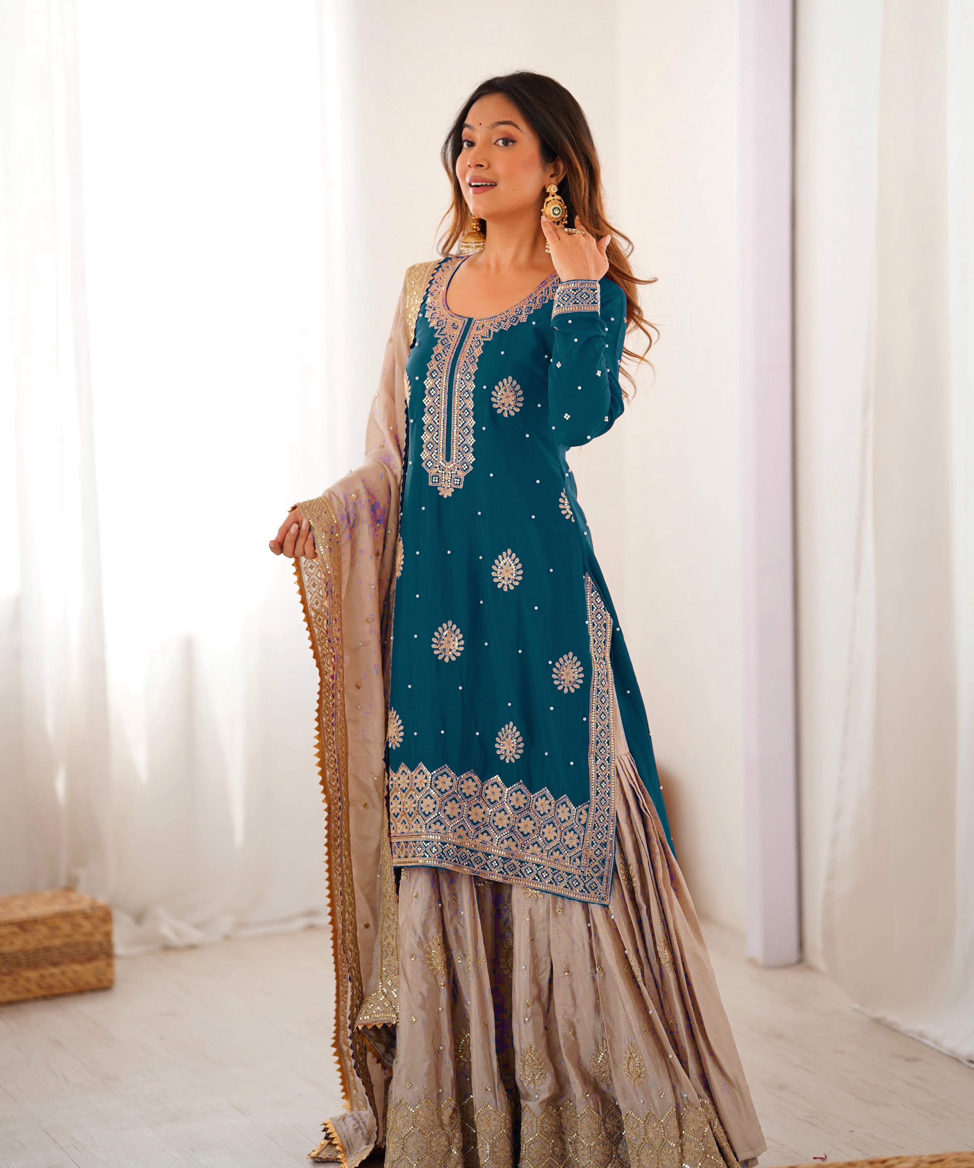 Classic Coding Work Silk Top Sharara
