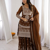 Brown Heavy Embroidered Top Sharara