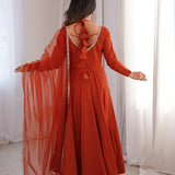 Orange Roman Silk Anarkali Gown