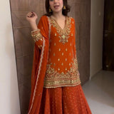 Orange Ethnic Georgette Top Sharara