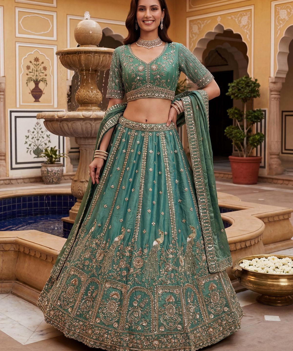 Crafted Peacock Handwork Wedding Lehenga