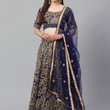 Bluish Embroidered Mulberry Silk Lehenga