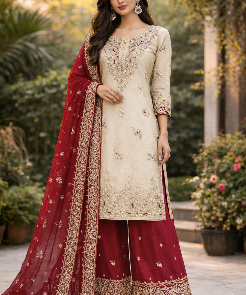 Designer Embroidered Silk Top Plazzo