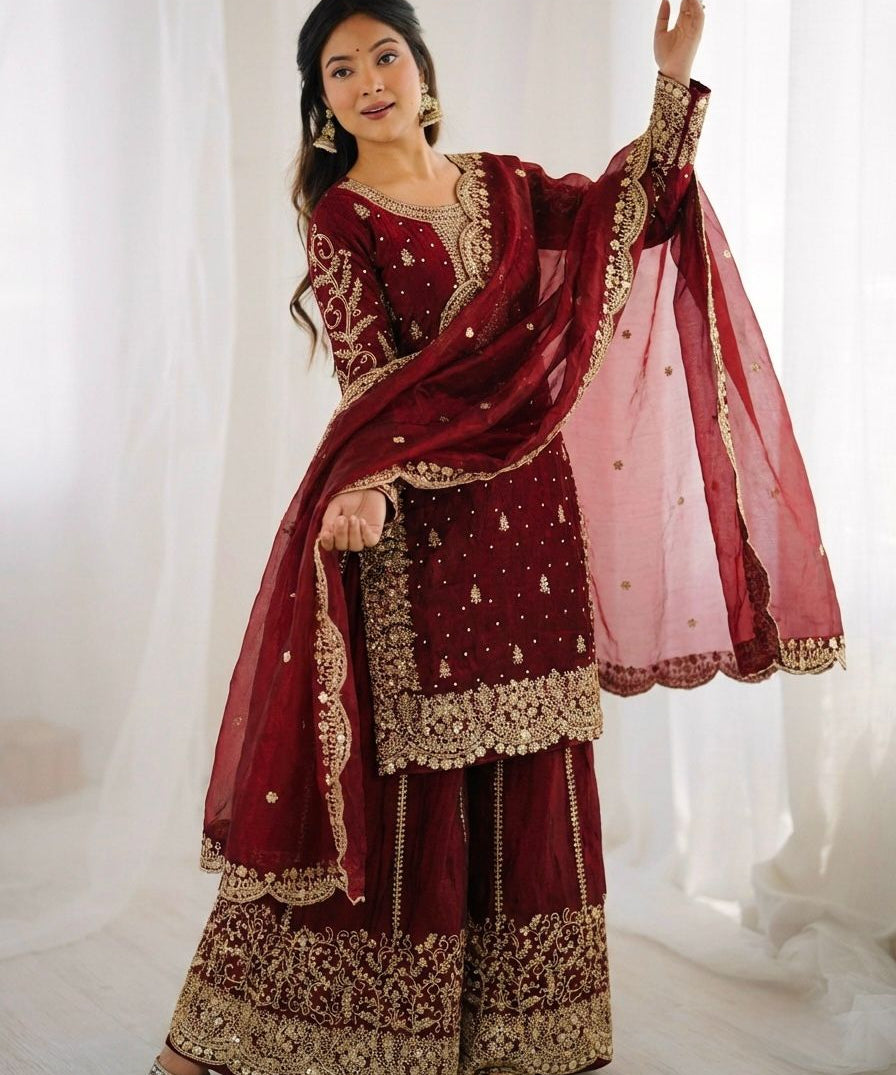 Ethnic Embroidered Silk Top Plazoo