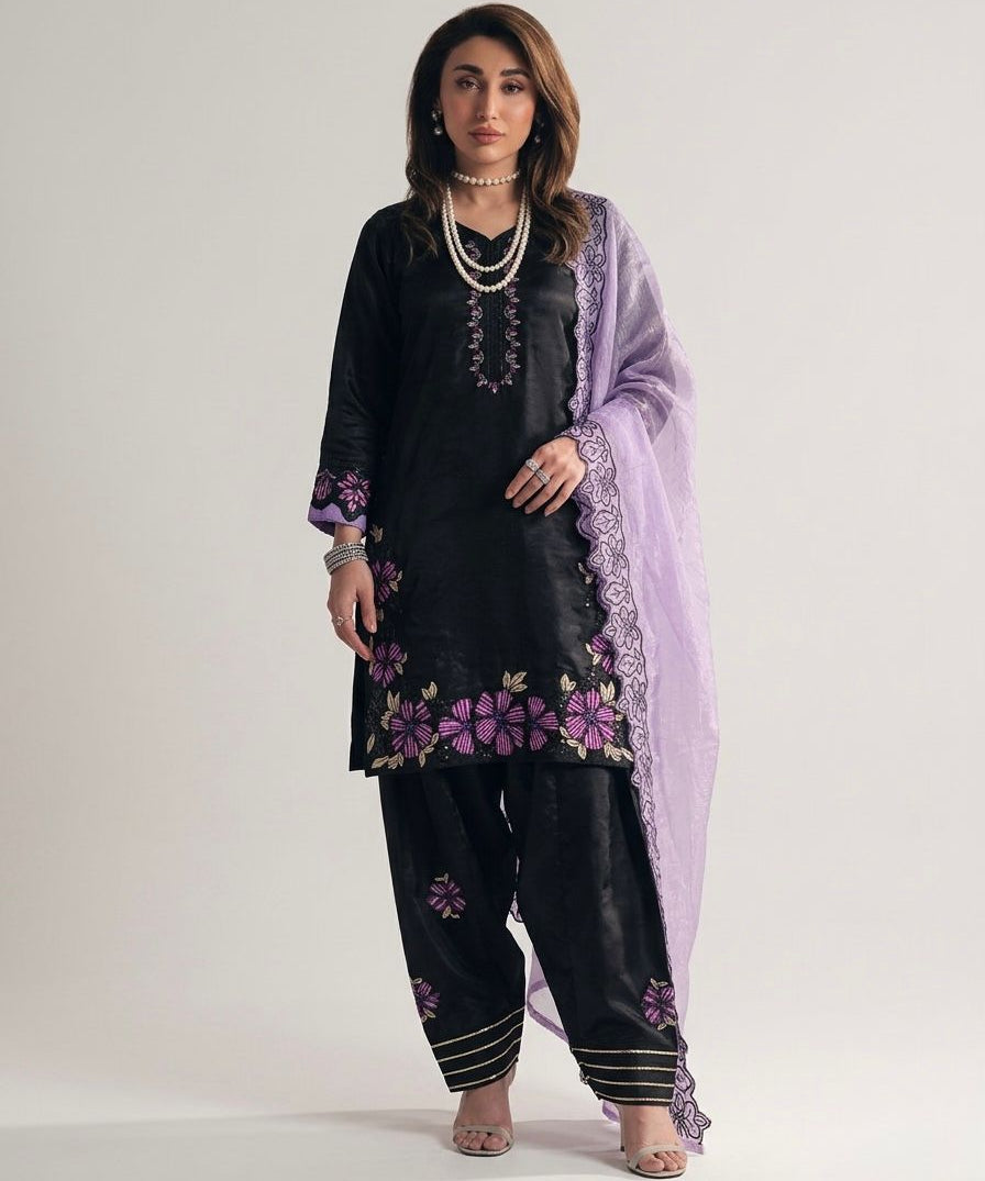 Beautiful Black Embroidered Roman Silk Suit