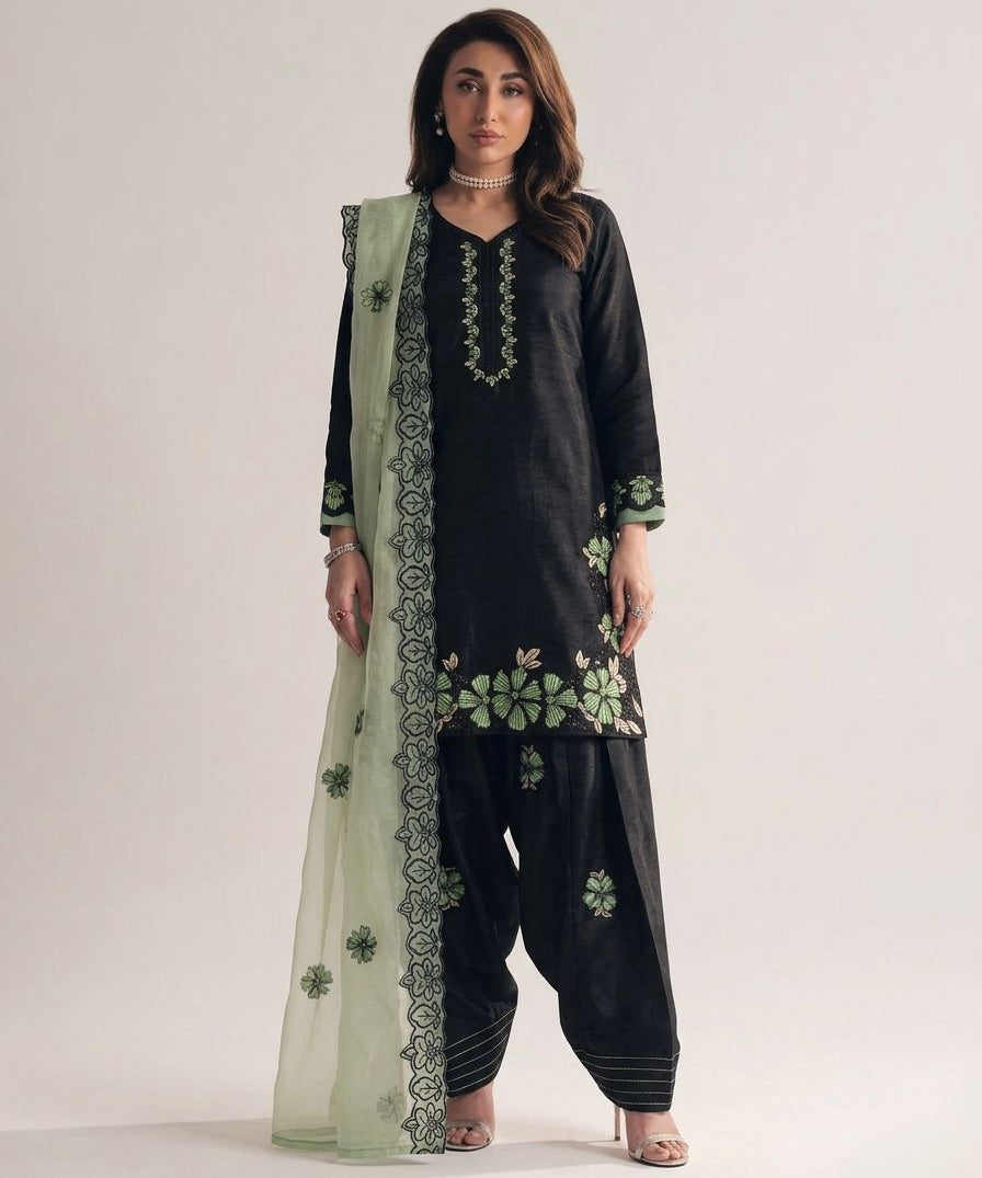 Beautiful Black Embroidered Roman Silk Suit