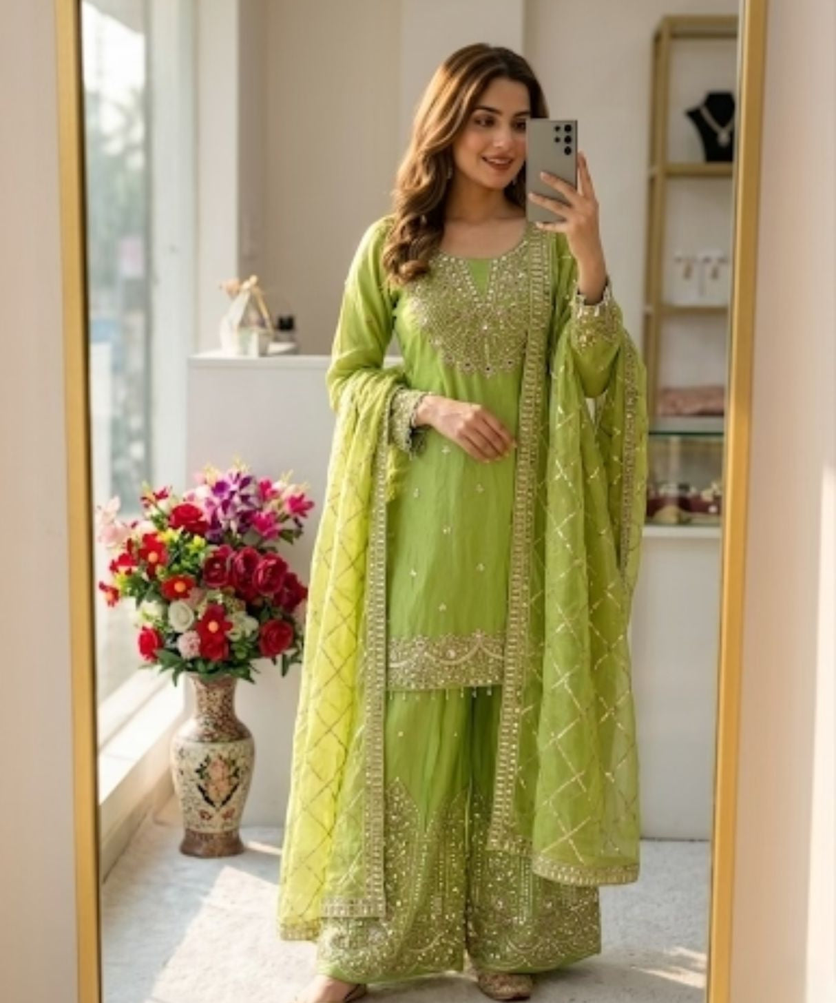 Exclusive Fandy Silk Embroidered Top Sharara