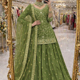 Olive Green Shimmer Silk Top Lehenga