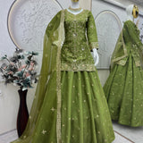Olive Green Shimmer Silk Top Lehenga