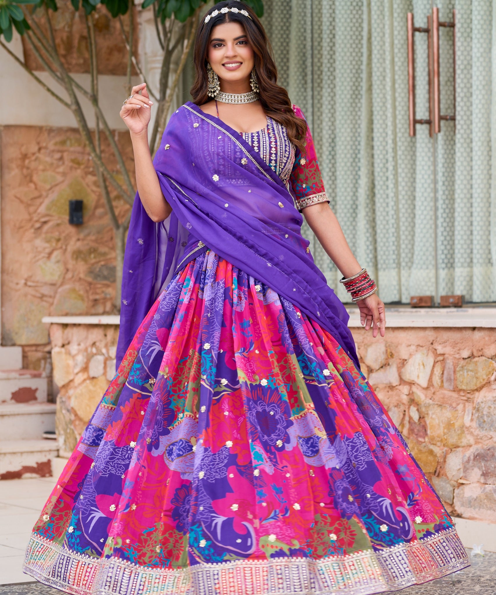 Mehvish Floral Print Silk Lehenga