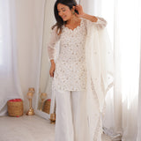 White Embroidered Crunchy Silk Suit