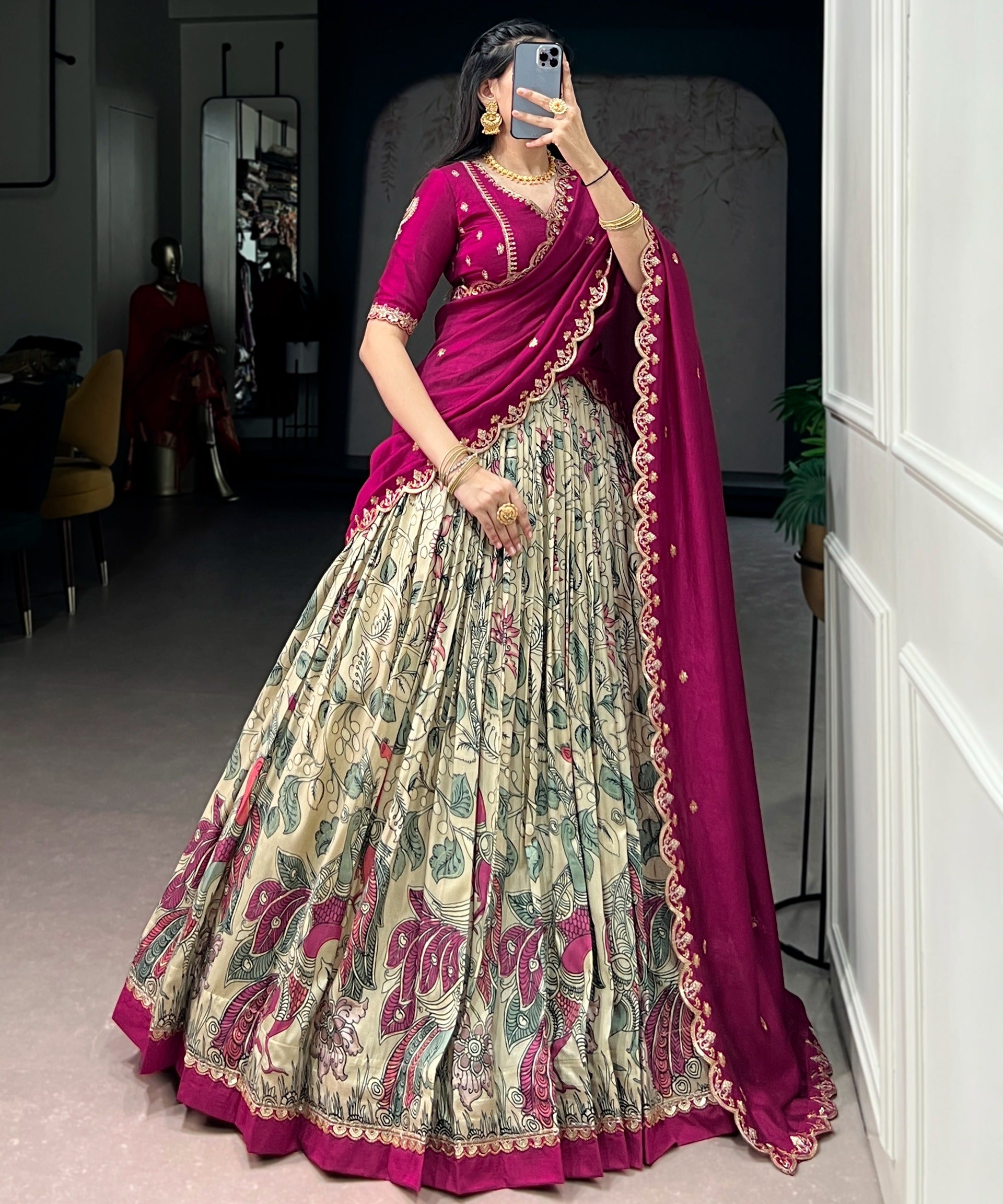 Traditional Kalamkari Tussar Silk Lehenga