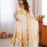 Classic White Floral Printed Anarkali
