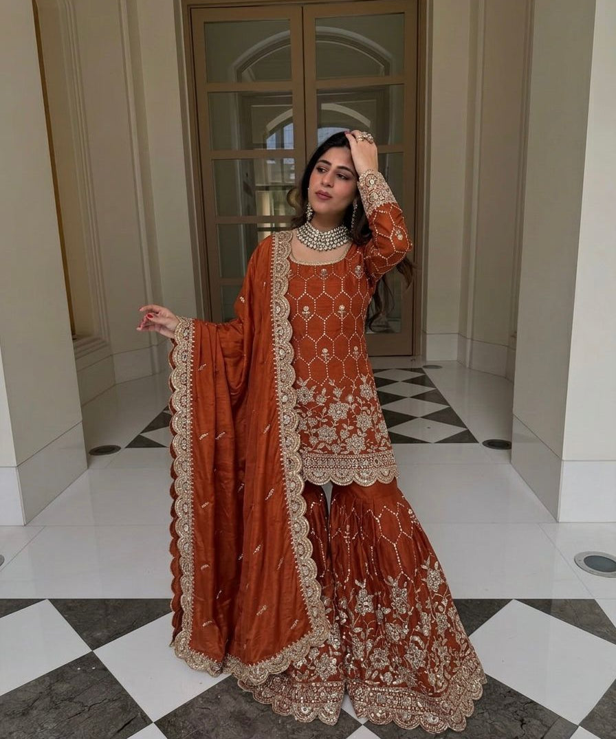 Exclusive Embroidered Silk Top Sharara