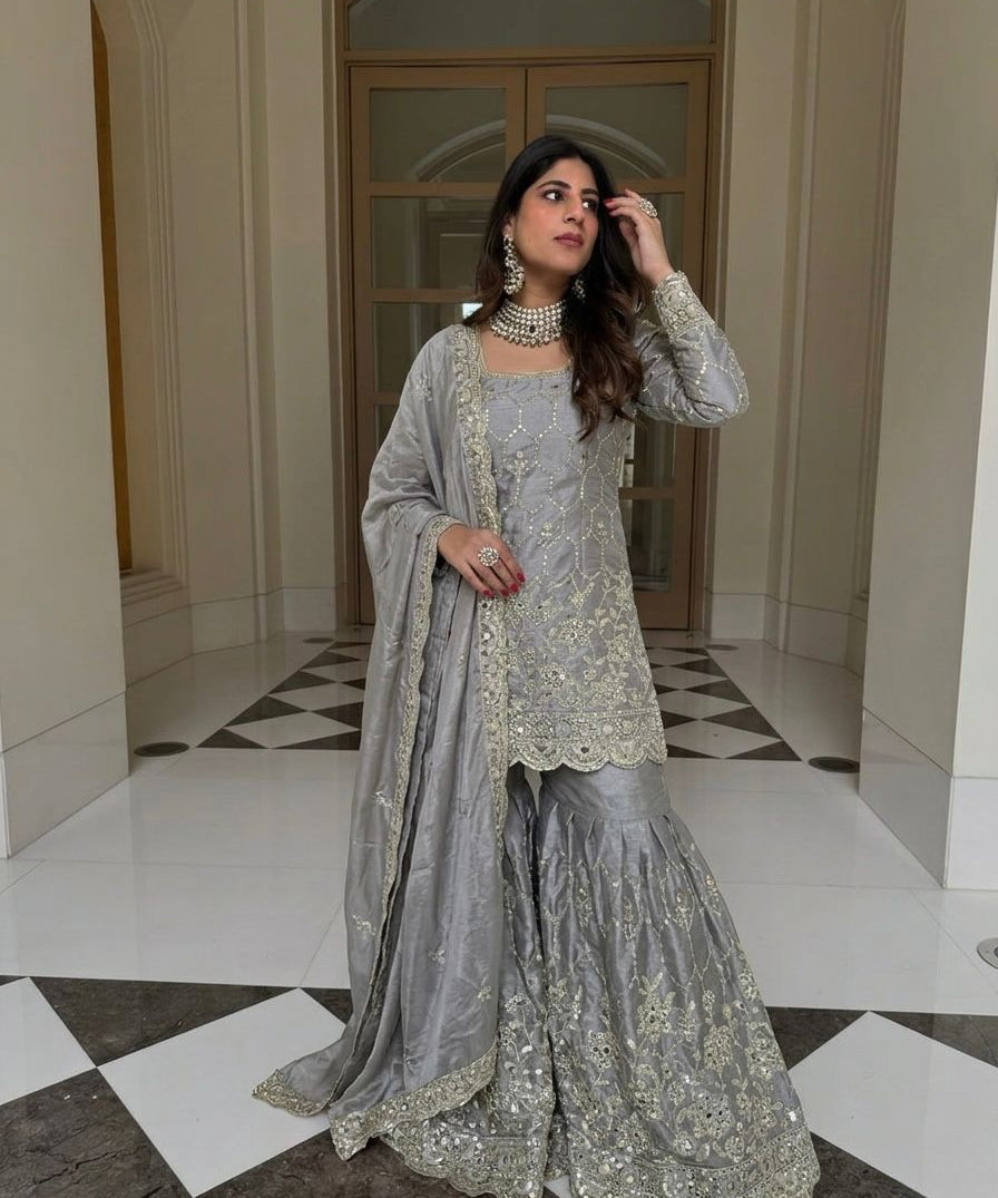 Exclusive Embroidered Silk Top Sharara