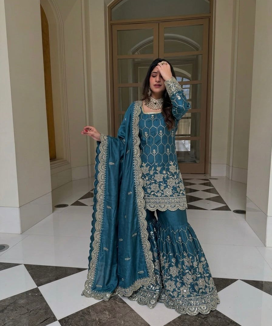 Exclusive Embroidered Silk Top Sharara