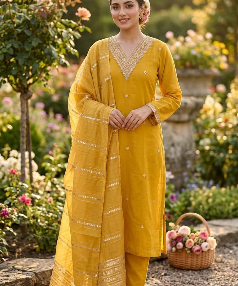 Beautiful Slub Cotton Straight Suit