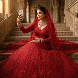 Cherry Red Embroidered Wedding Lehenga