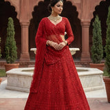 Cherry Red Embroidered Wedding Lehenga