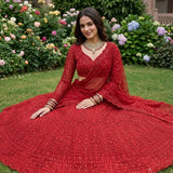 Cherry Red Embroidered Wedding Lehenga