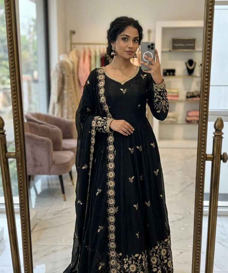 Designer Satin Silk Embroidered Gown