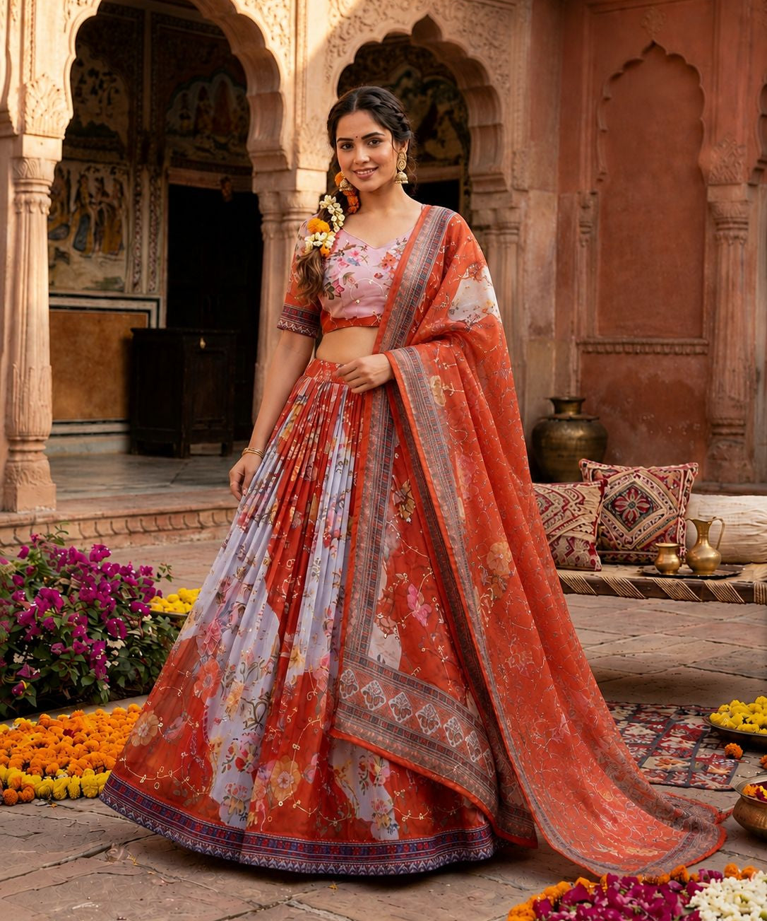 Traditional Printed Taby Silk Lehenga