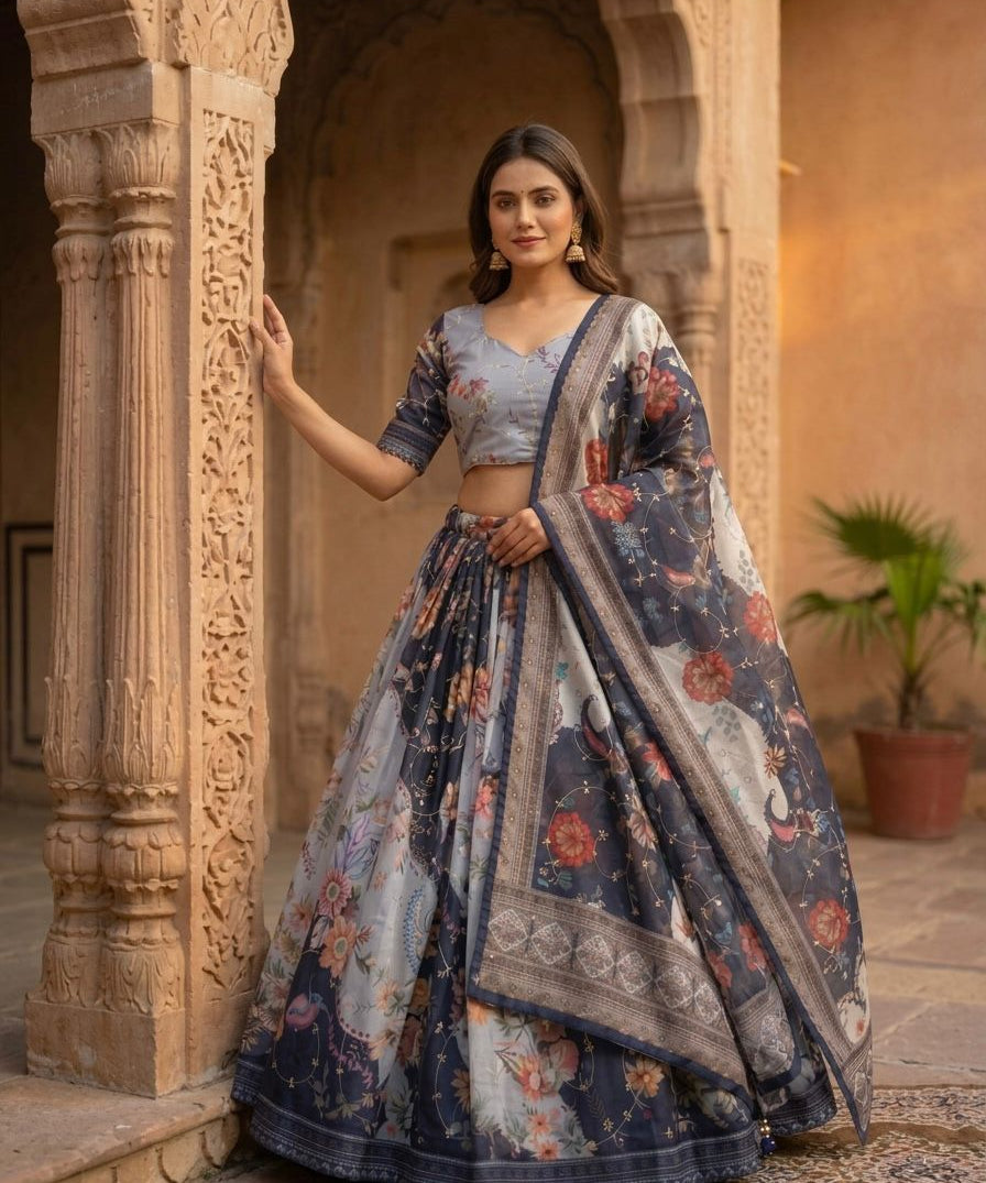 Traditional Printed Taby Silk Lehenga