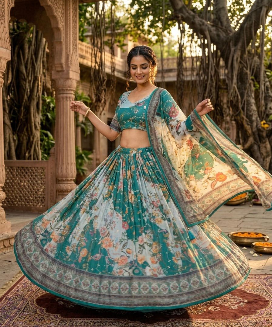 Traditional Printed Taby Silk Lehenga
