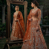 Orange Premium Net Embroidered Lehenga
