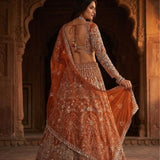 Orange Premium Net Embroidered Lehenga
