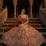 Orange Premium Net Embroidered Lehenga